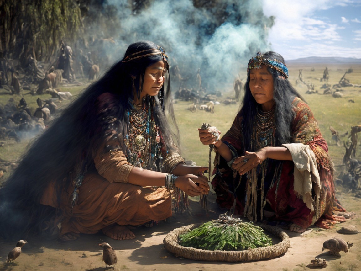 Women in Traditional Clothing Engaged in Ritual with Herbs