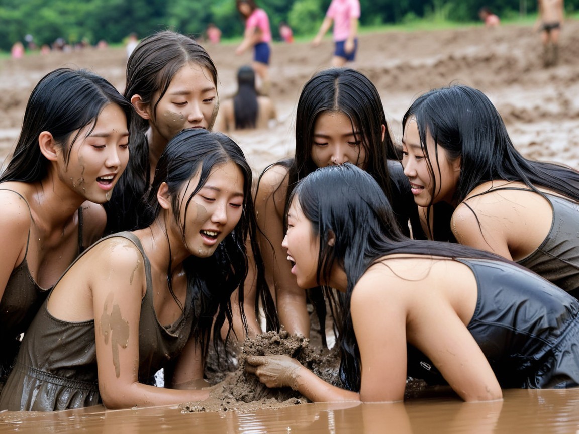Group of Young Women Playing in Muddy Outdoor Setting