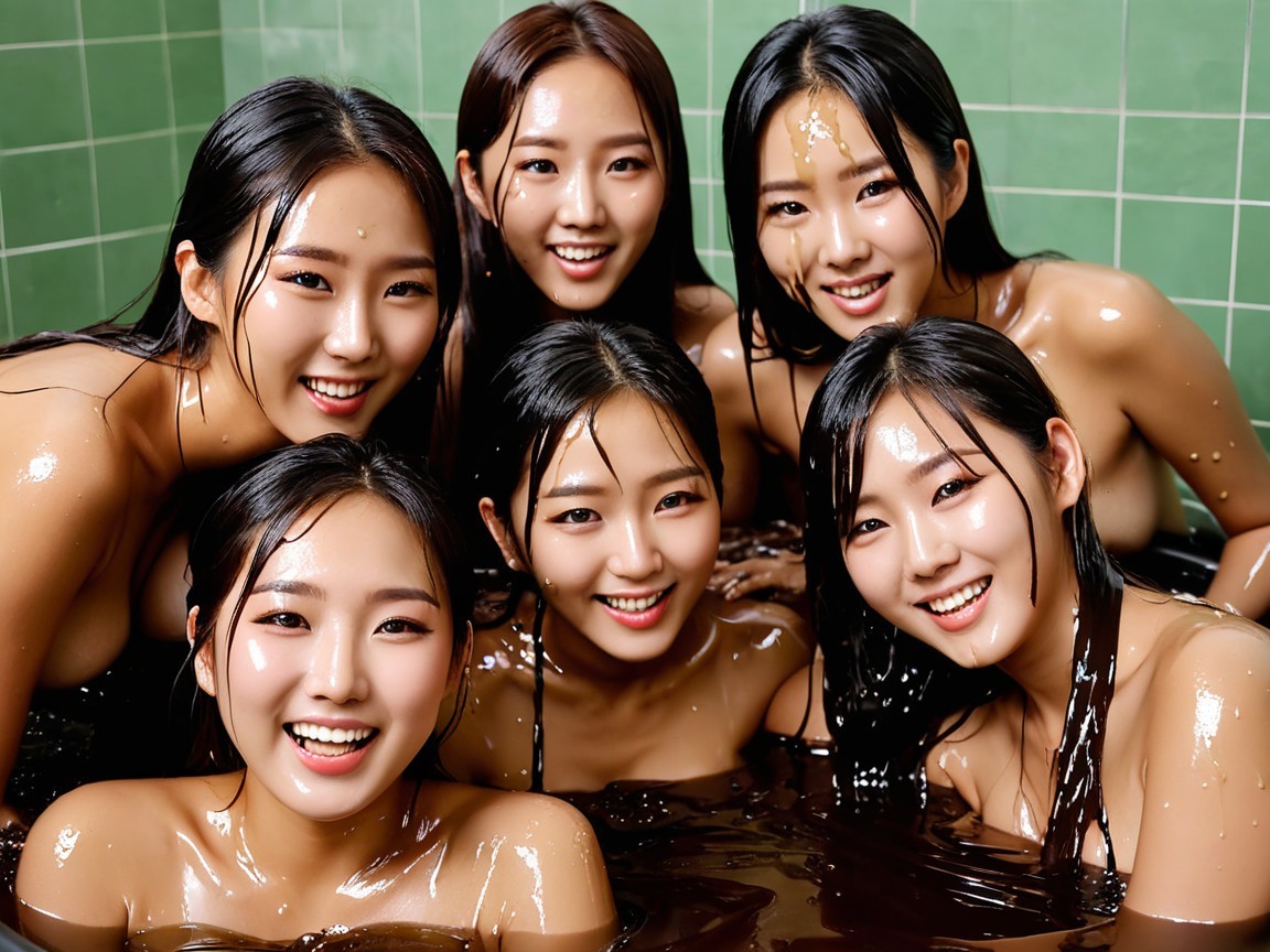Young women enjoying a bath in a dark liquid setting