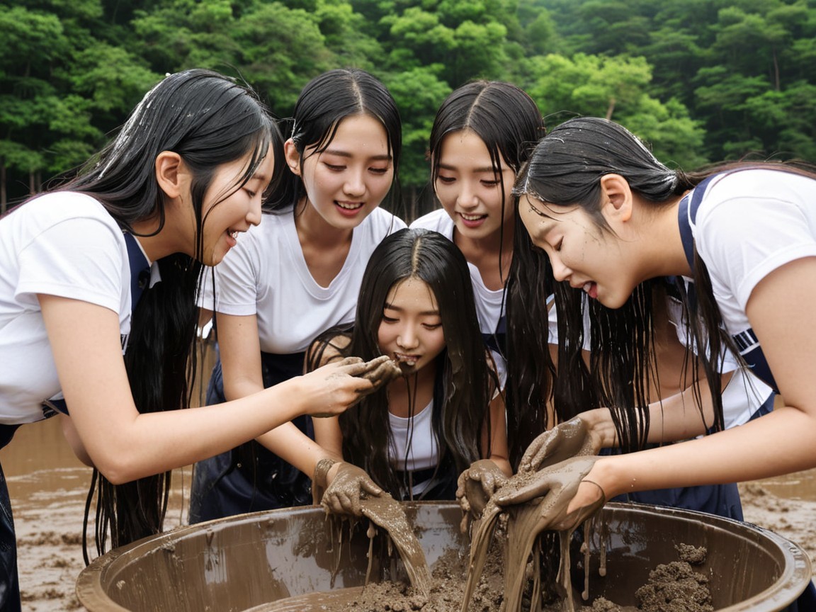 Young women playing in mud with joyful expressions