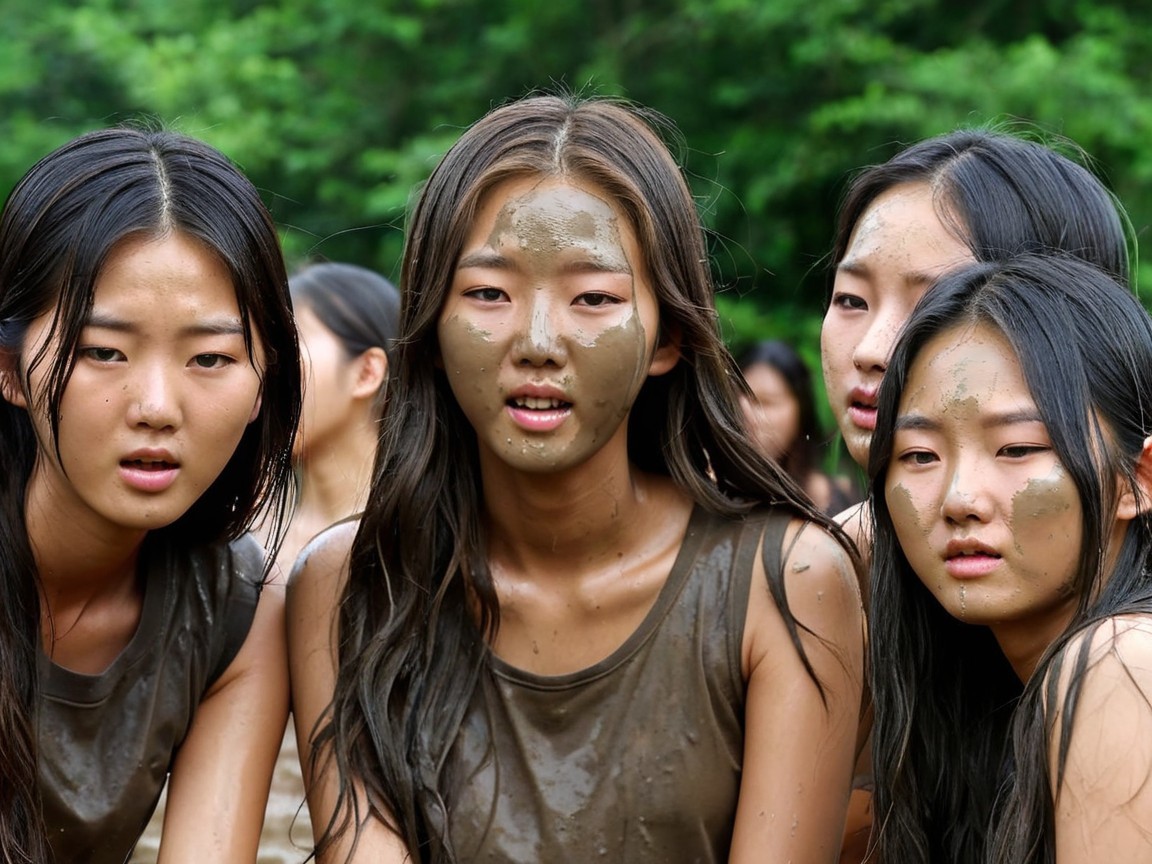 Young women with mud masks in nature setting