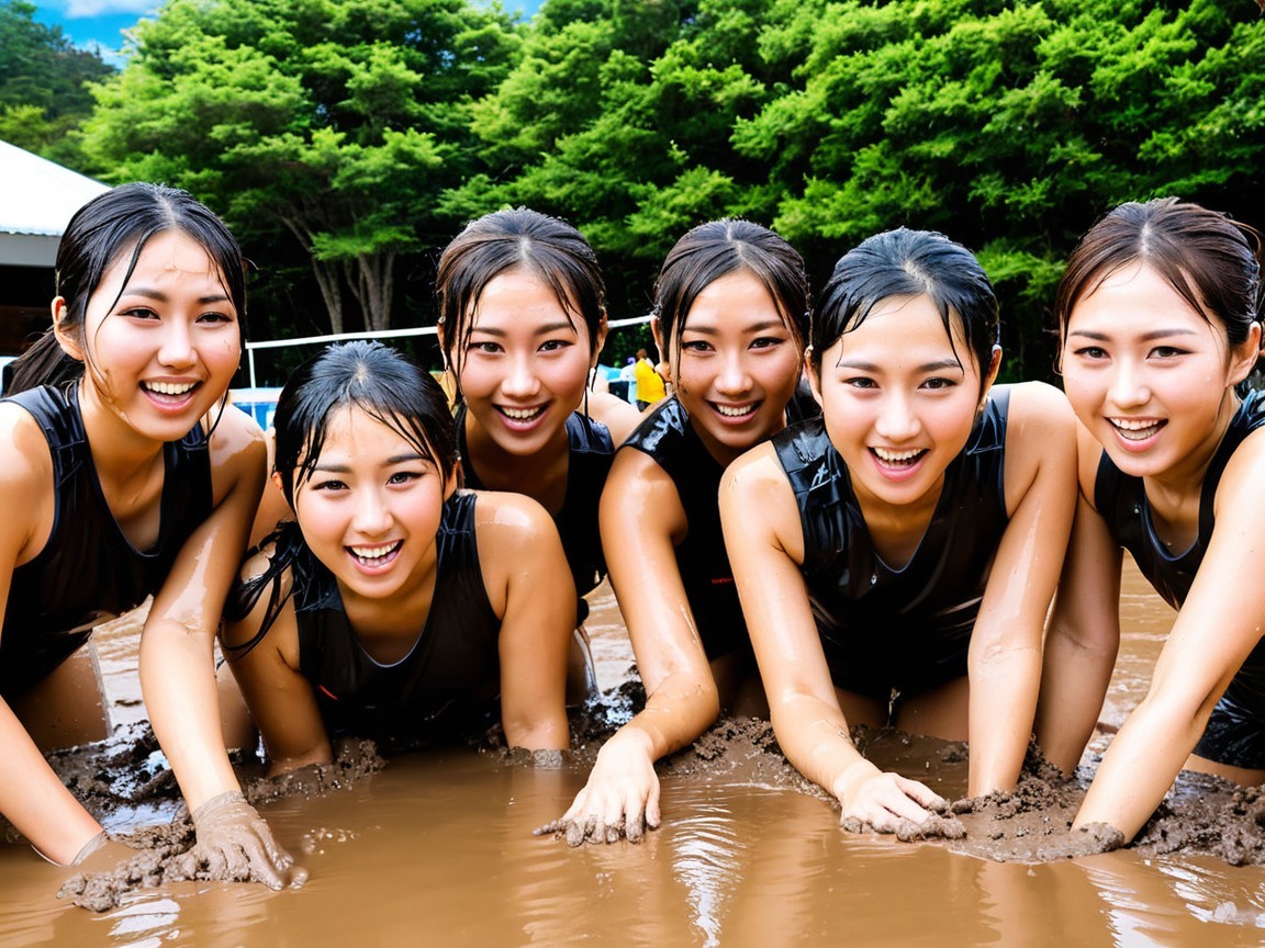 Group of Young Women in Muddy Outdoor Sports Setting