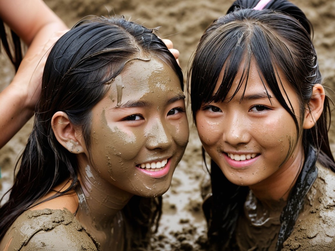 Cheerful Girls Playing in Muddy Outdoor Environment