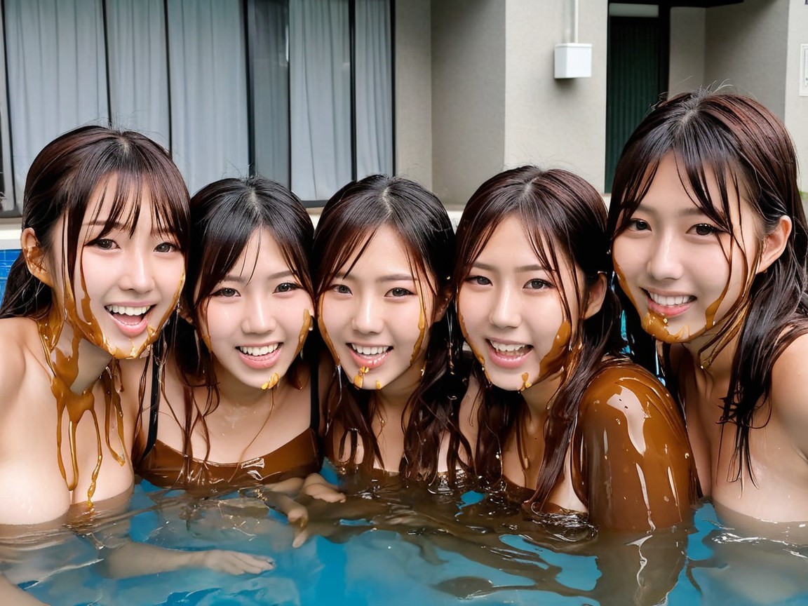 Young women playfully smiling in a pool setting
