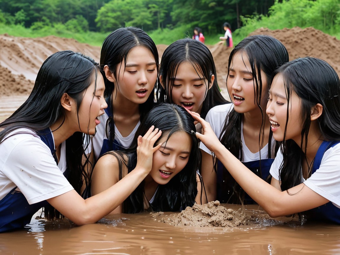Girls in White Shirts Play in Muddy Area Outdoors