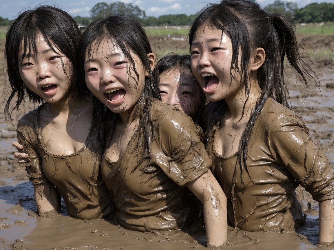 Young girls playing joyfully in a muddy rice field
