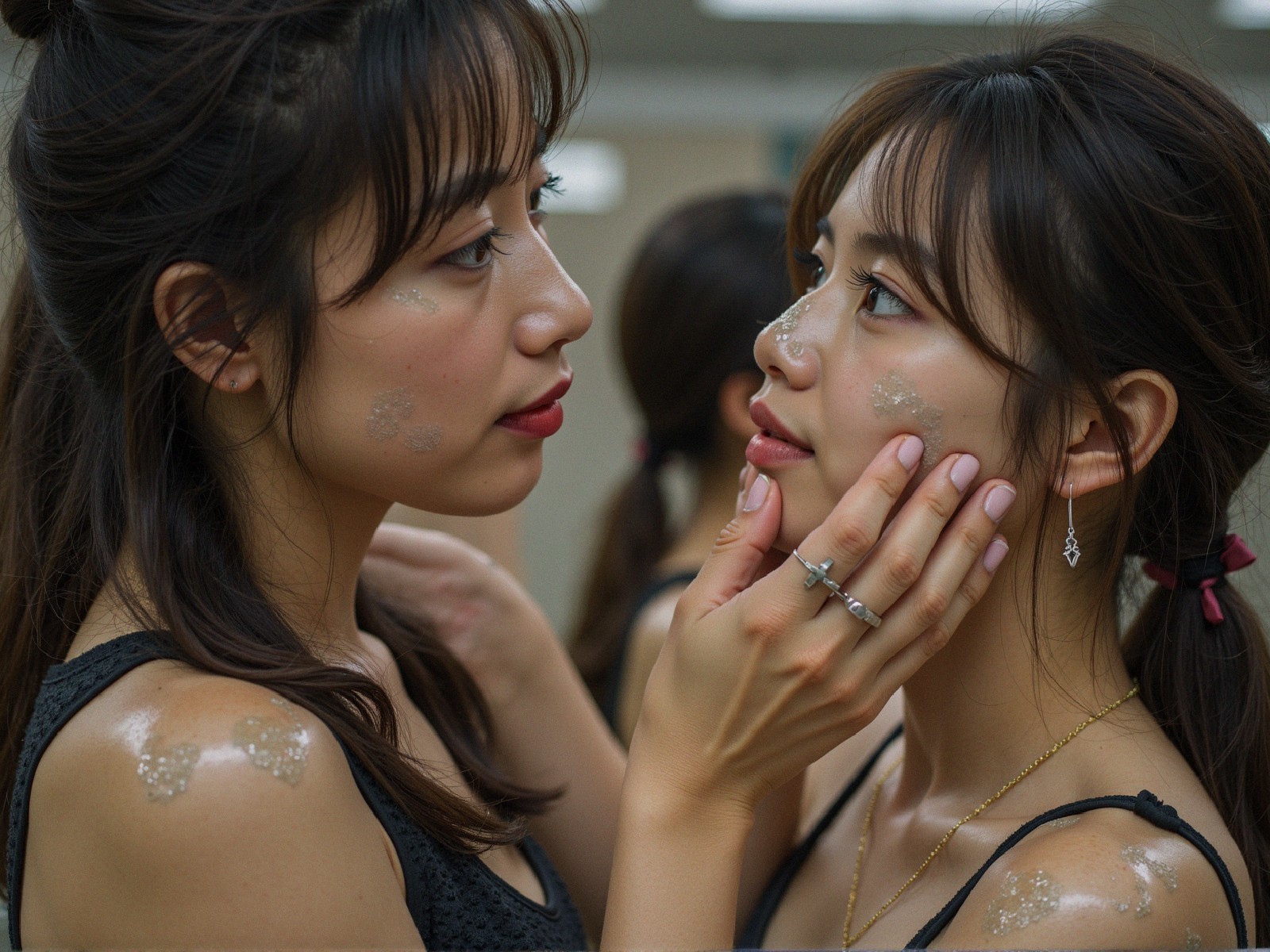 Young women sharing an intimate moment with glitter accents