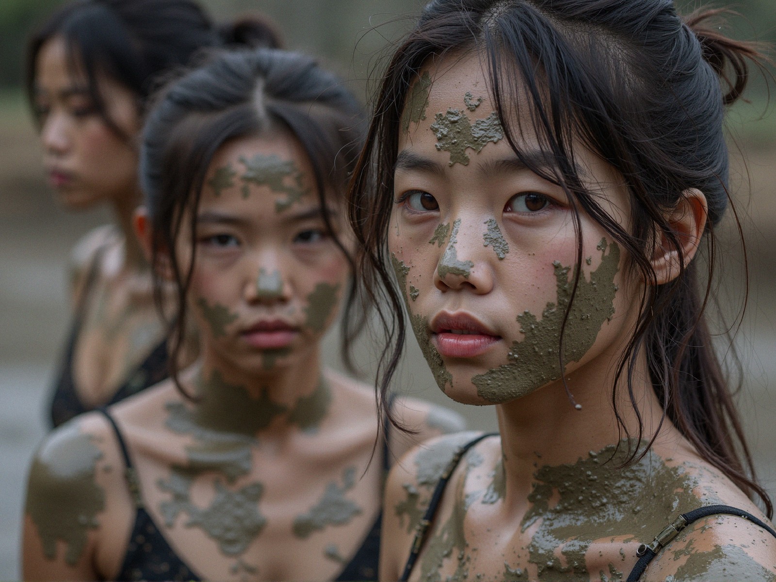 Young Women with Mud-Covered Faces in Natural Setting