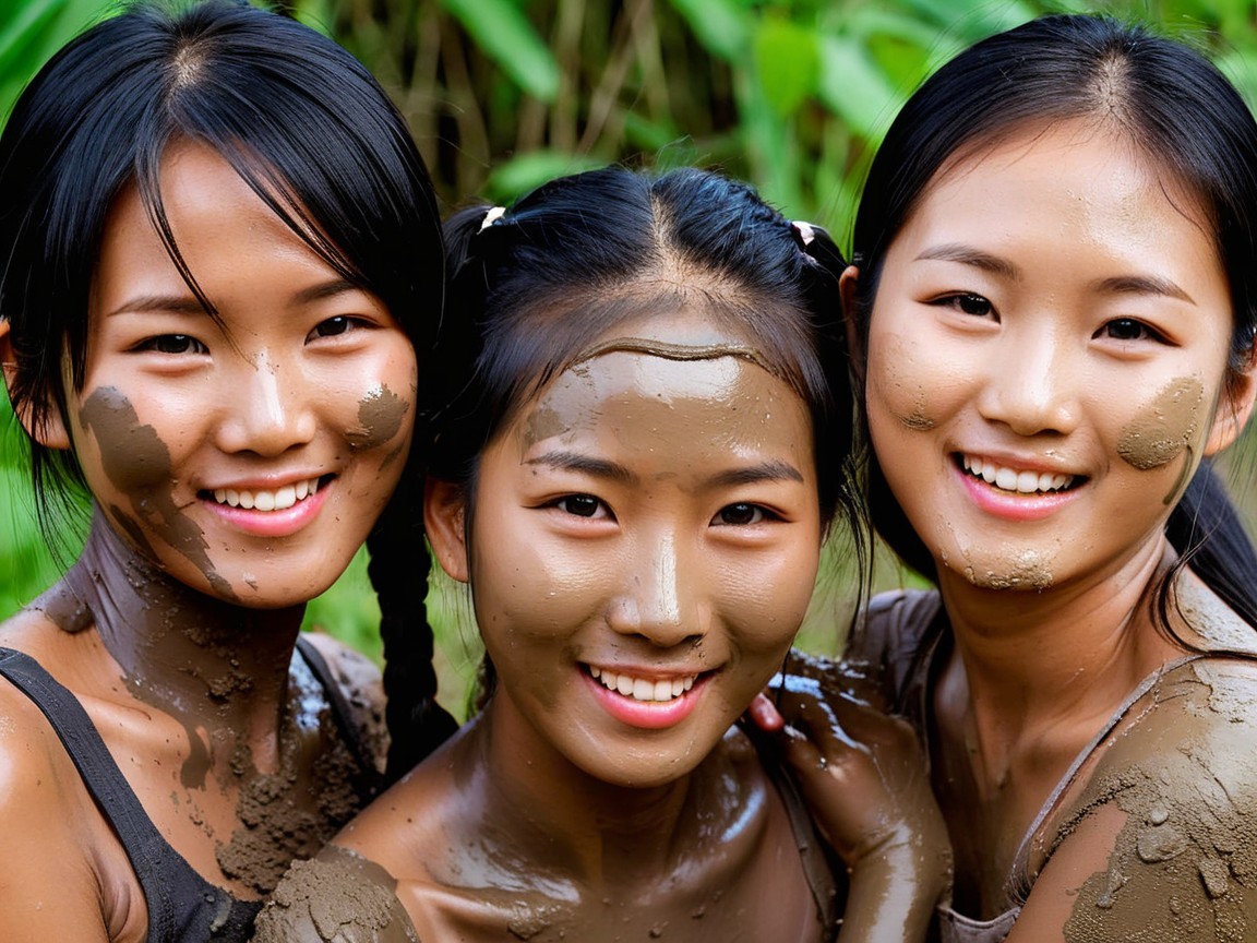 Young girls with mud-covered faces enjoying outdoor fun