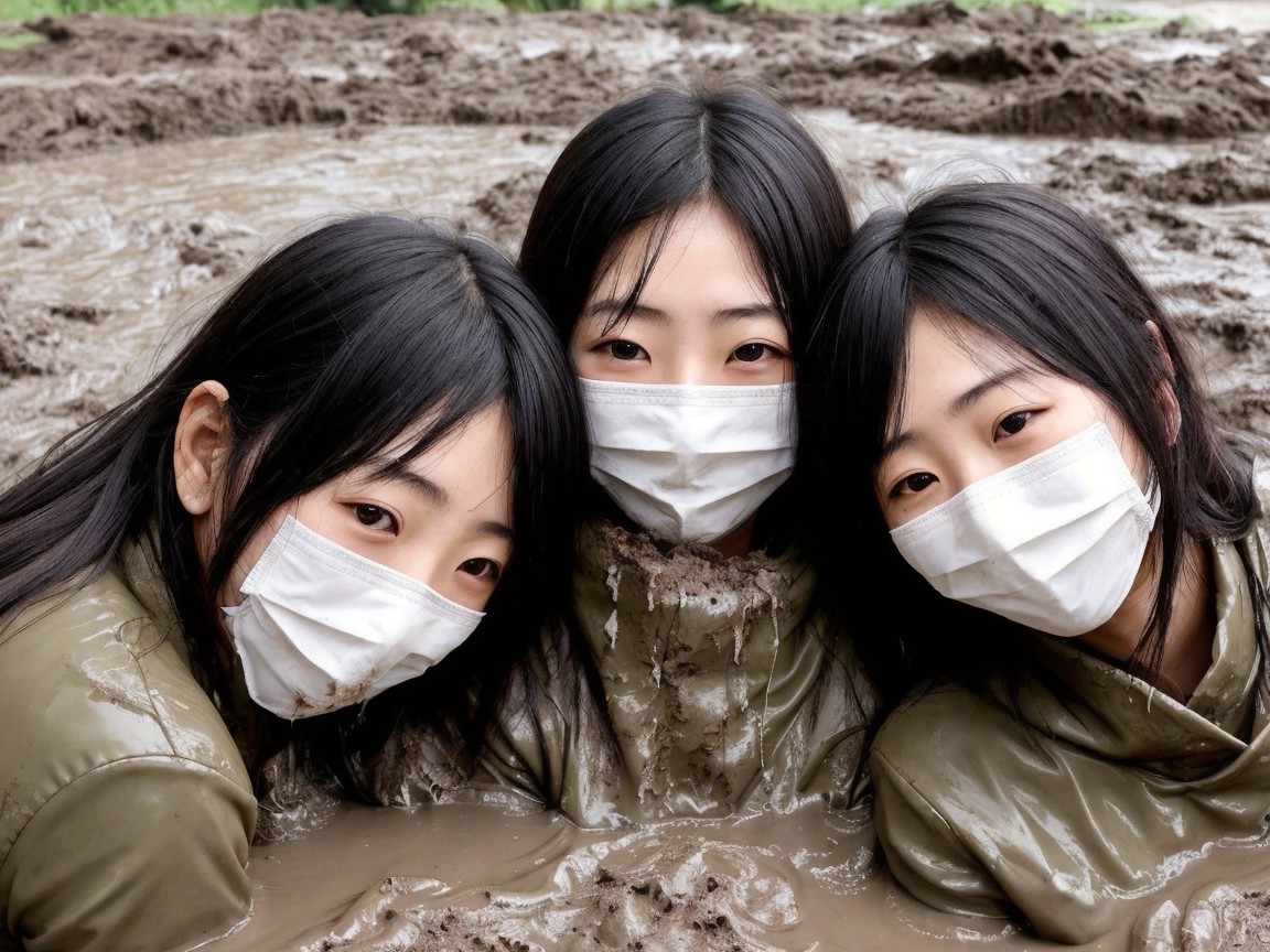 Young women in green jackets emerge from muddy pit