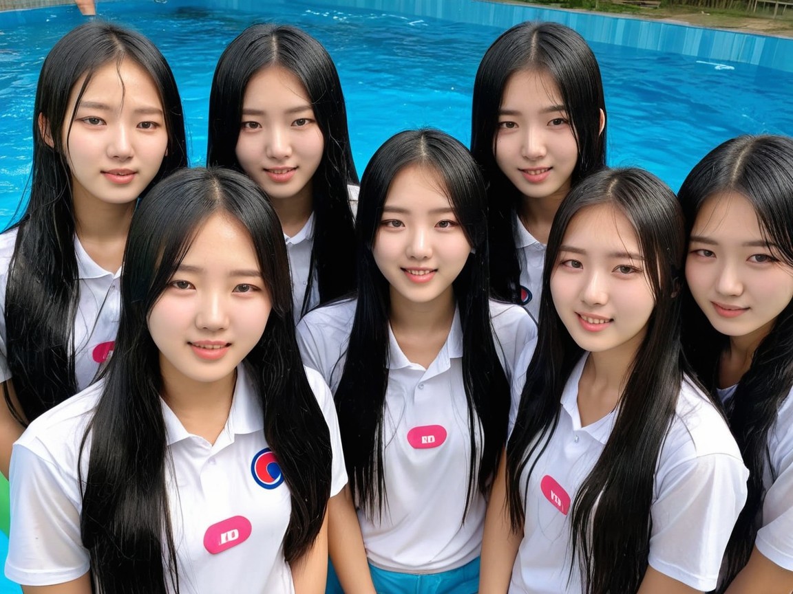 Group of Eight with Black Hair by Swimming Pool