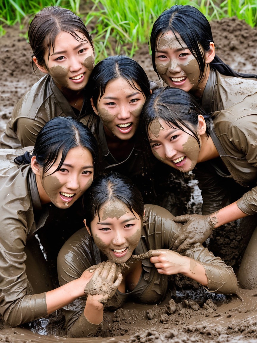 Women Playing in Muddy Field with Rice Plants