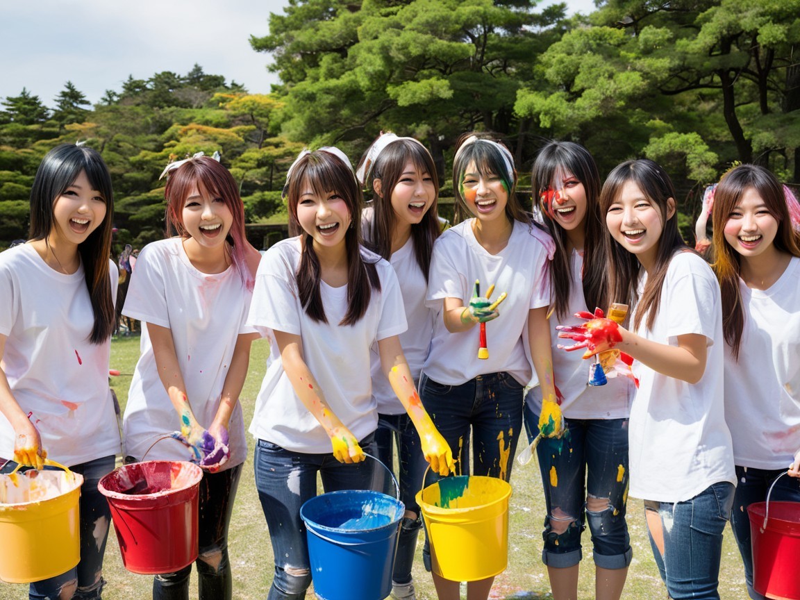 Group of Young Women in Colorful Paint Outdoors