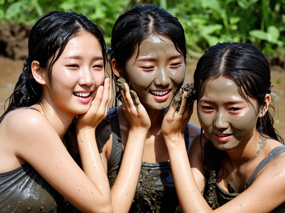 Young Women Playfully Posing in Muddy Environment