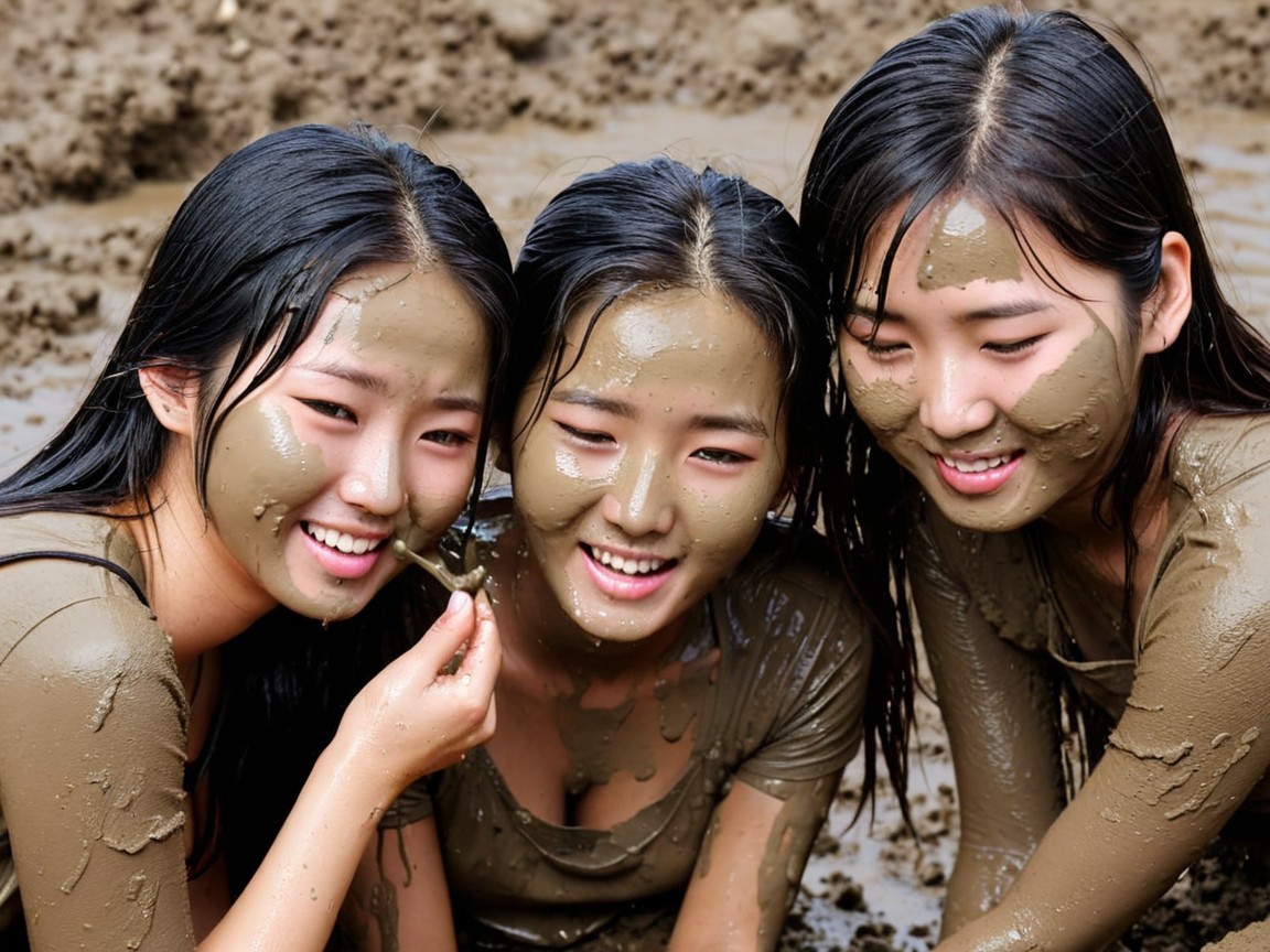 Young women engaged in playful mud wrestling fun