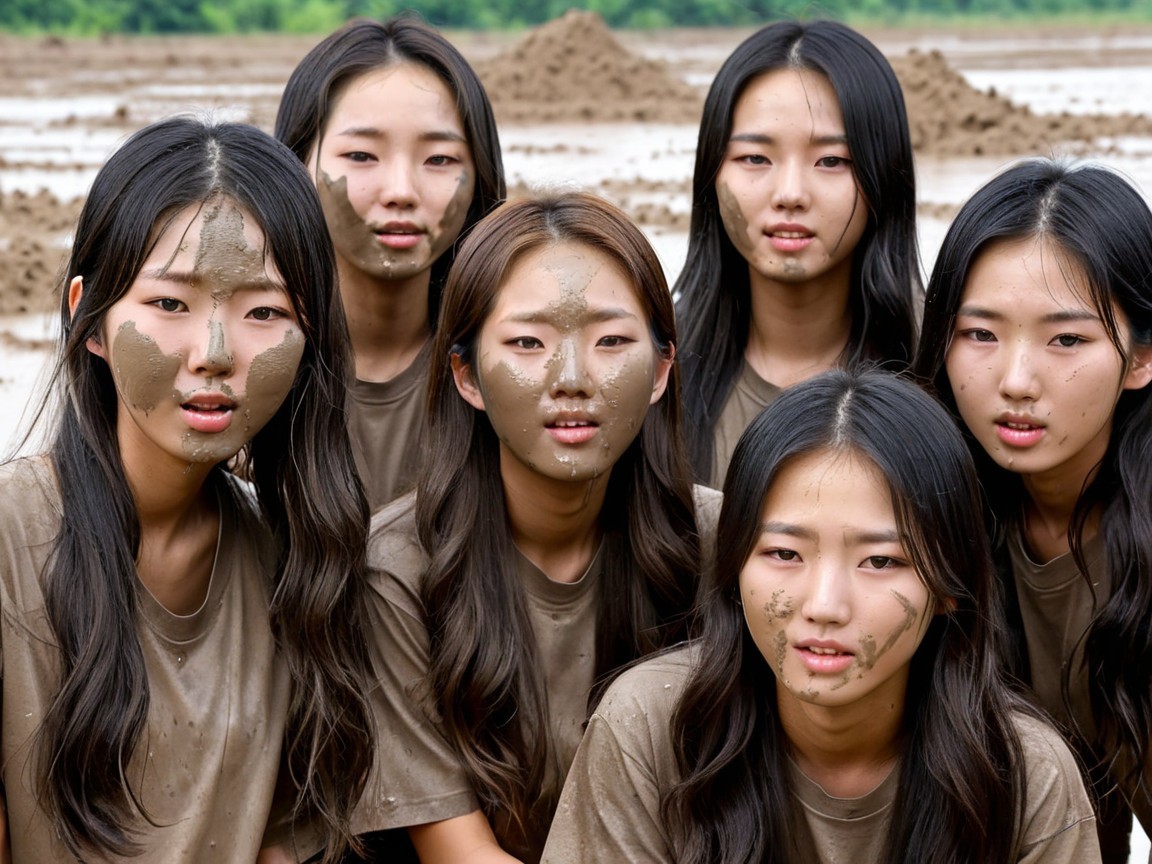 Young Women in Muddy Field with Matching T-Shirts