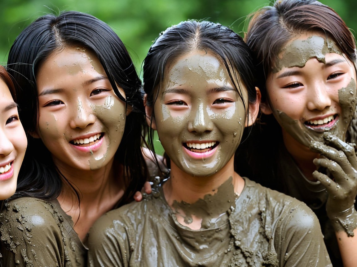Young Women Enjoying Mud Play in Nature