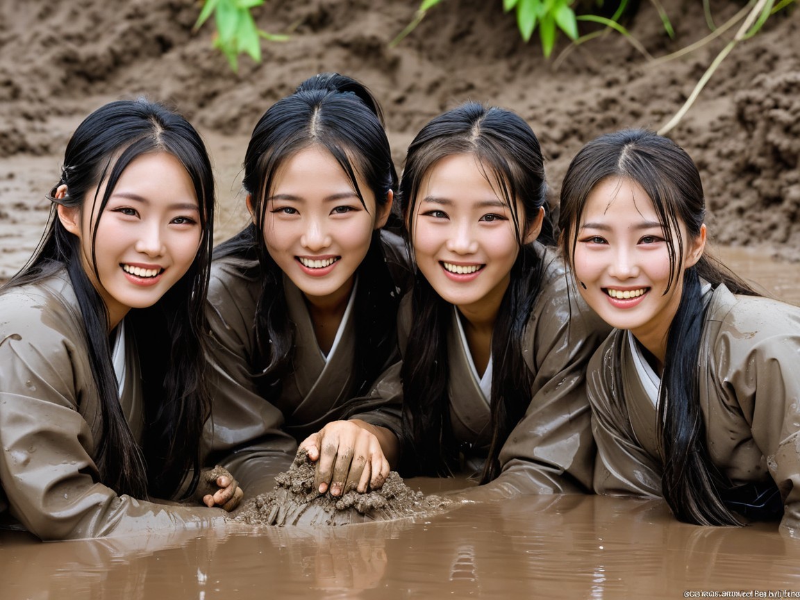 Young women playing in muddy water with greenery backdrop