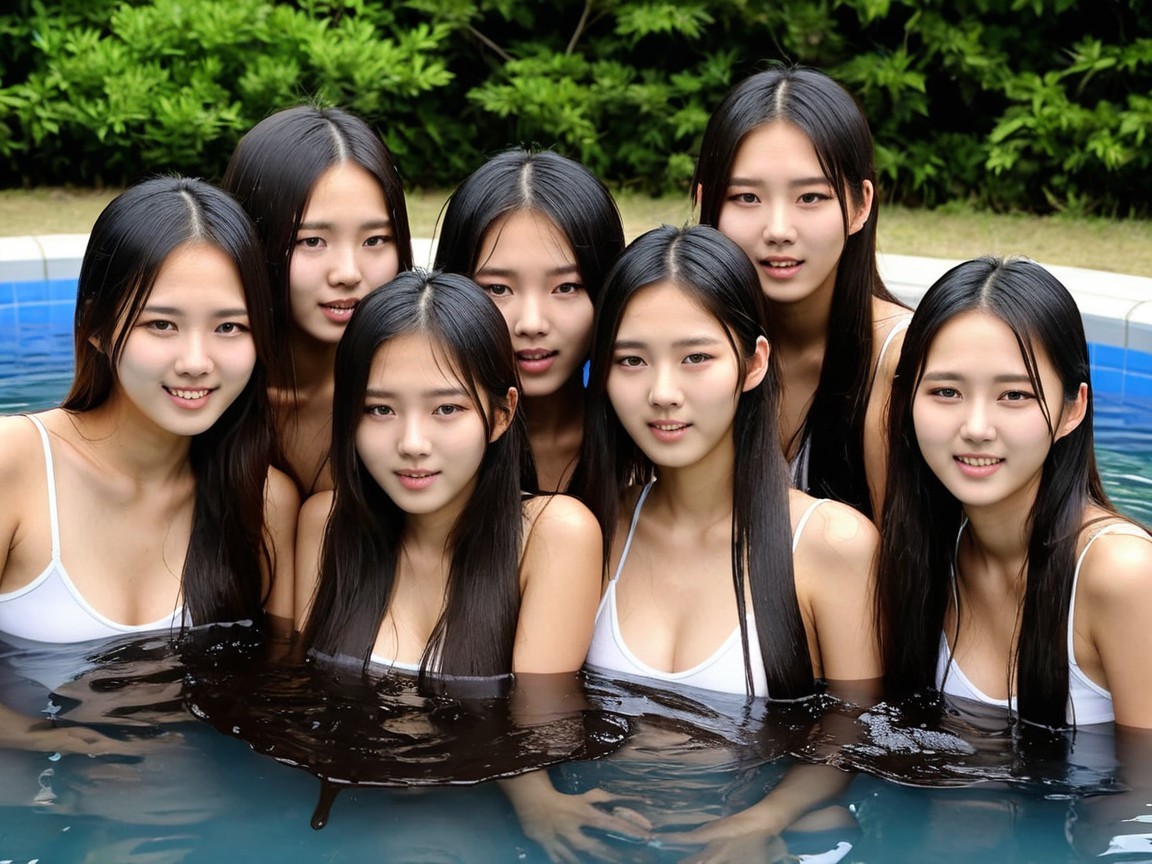 Group of Young Women in White Swimsuits at Pool