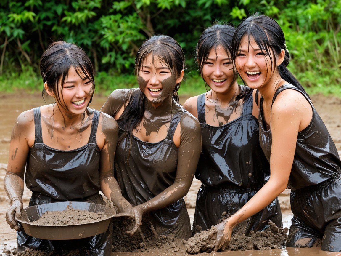 Young women playing joyfully in a muddy setting