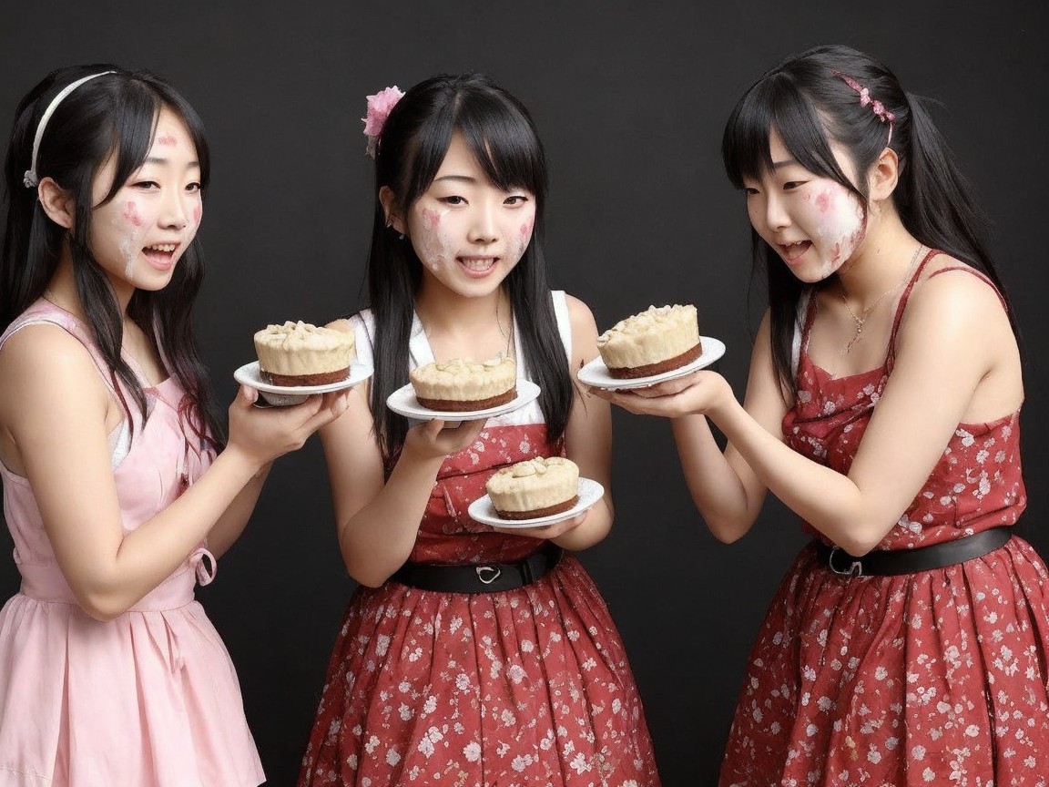 Young women in red dresses with cakes and smiles