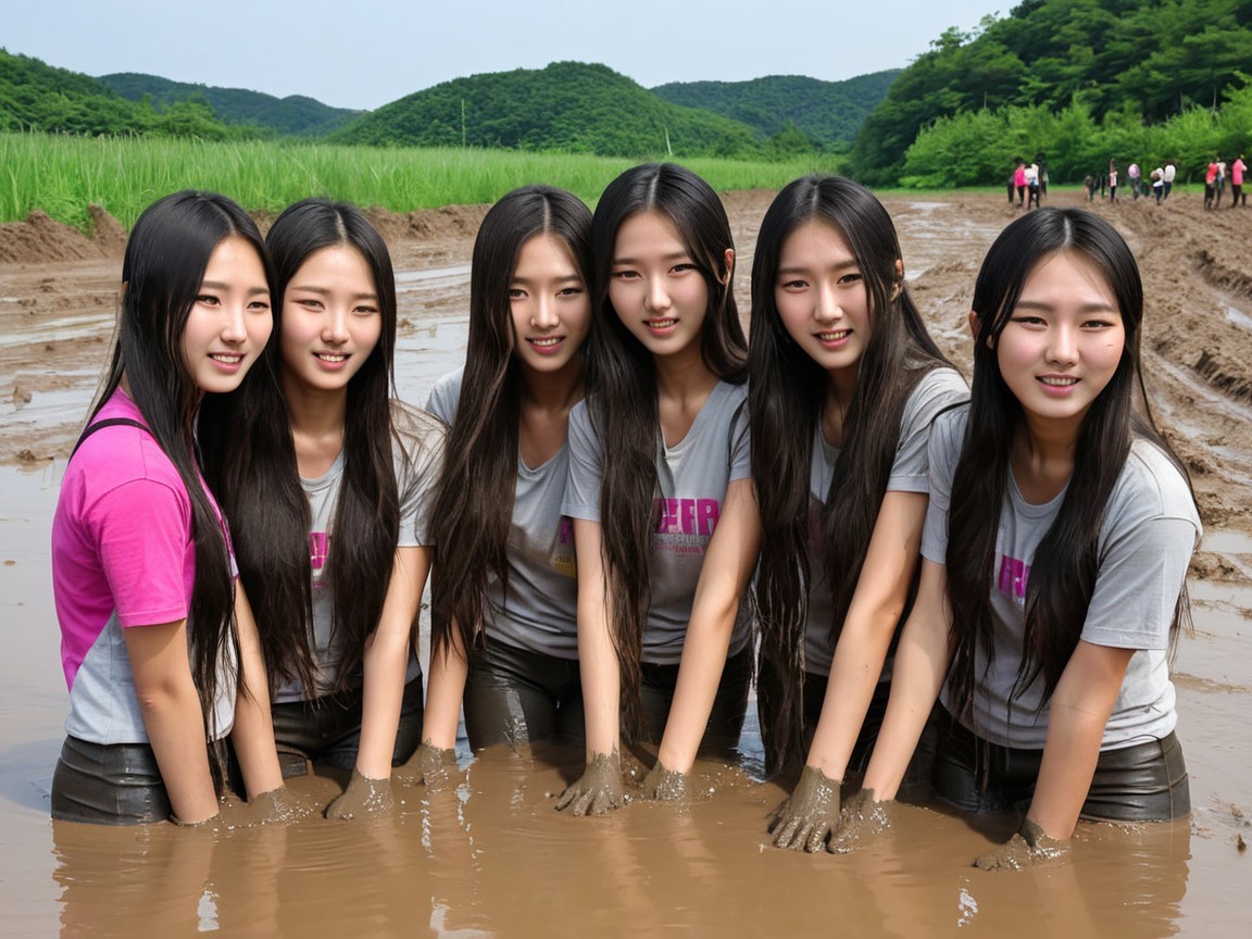 Group of Young Women in Muddy Field with T-Shirts