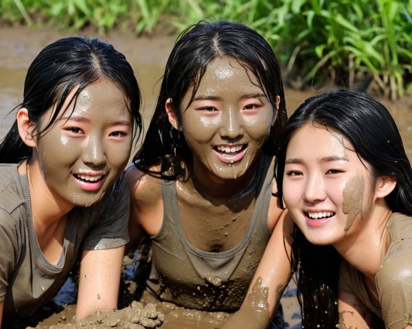 Young girls playing joyfully in muddy water outdoors
