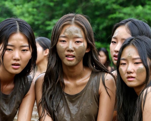 Young women with mud masks in nature setting