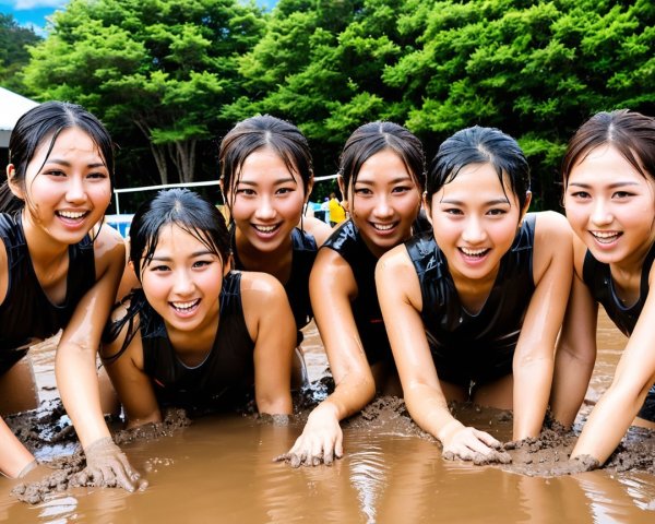 Group of Young Women in Muddy Outdoor Sports Setting