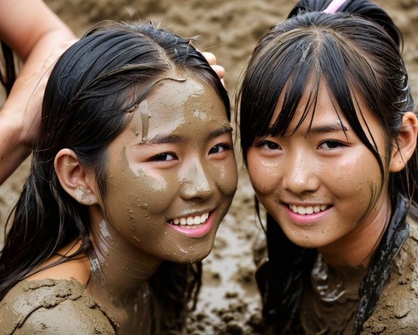 Cheerful Girls Playing in Muddy Outdoor Environment