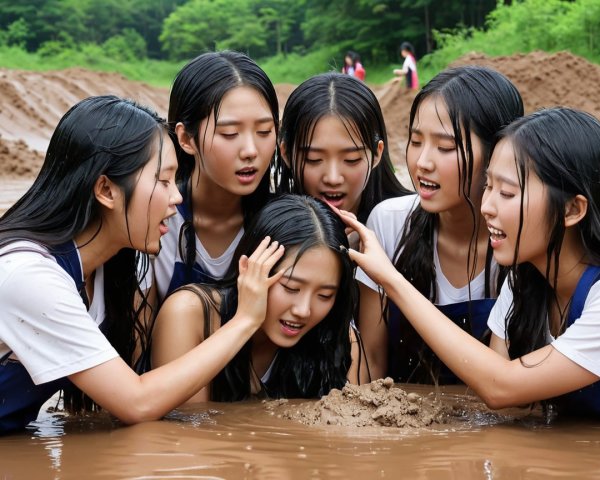 Girls in White Shirts Play in Muddy Area Outdoors
