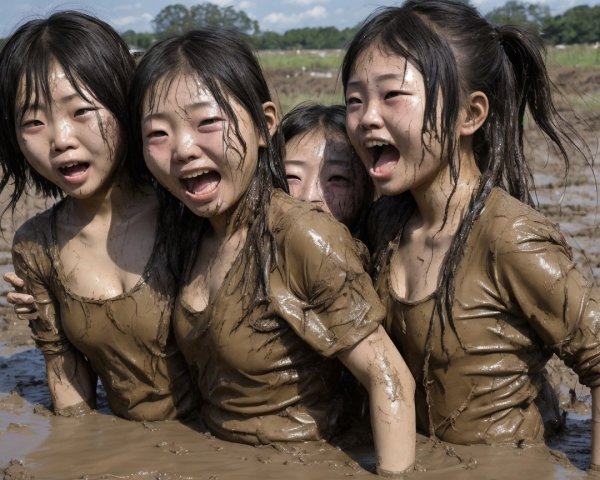 Young girls playing joyfully in a muddy rice field