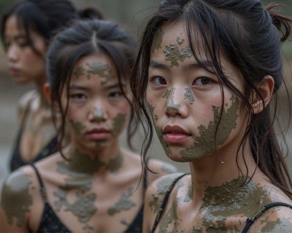 Young Women with Mud-Covered Faces in Natural Setting