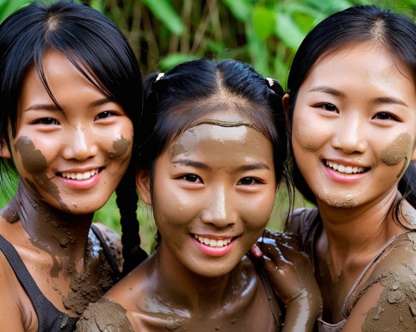 Young girls with mud-covered faces enjoying outdoor fun