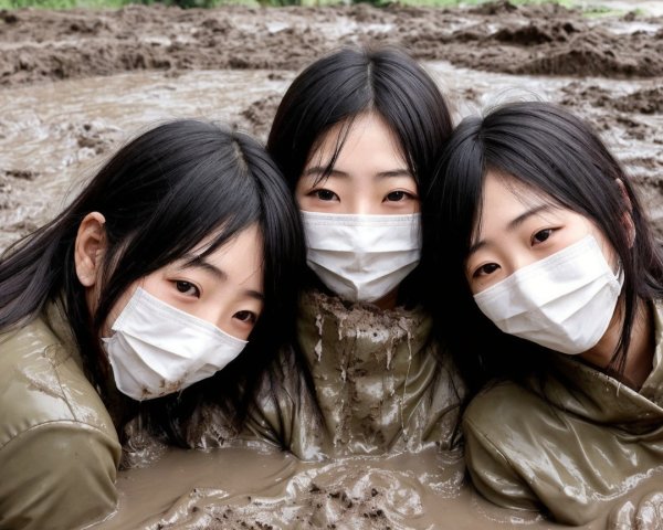 Young women in green jackets emerge from muddy pit