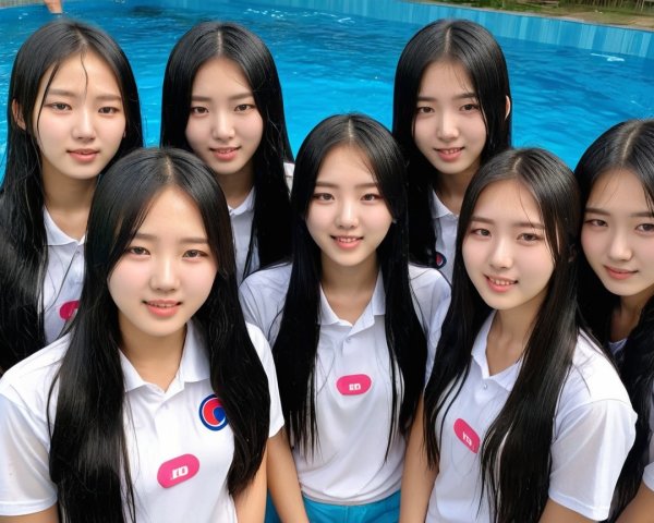 Group of Eight with Black Hair by Swimming Pool