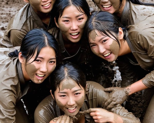 Women Playing in Muddy Field with Rice Plants