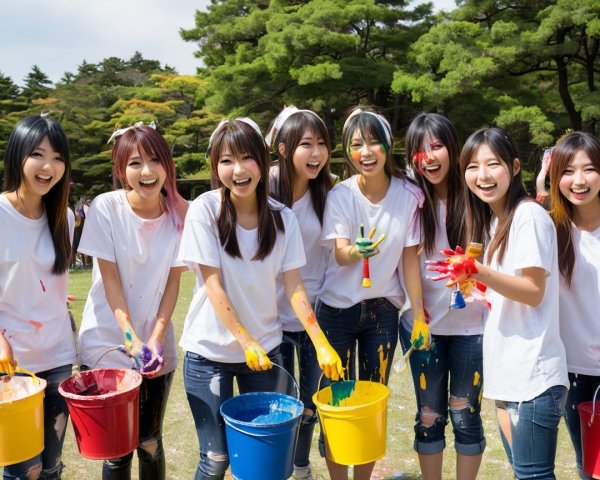 Group of Young Women in Colorful Paint Outdoors