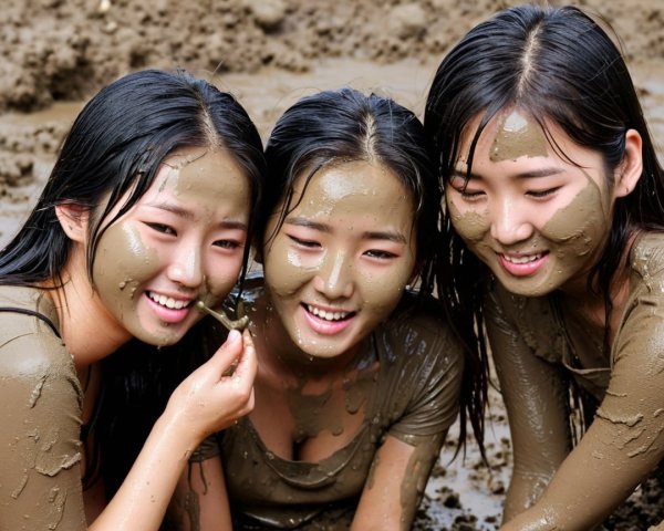 Young women engaged in playful mud wrestling fun