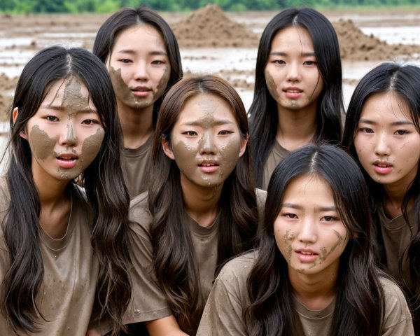 Young Women in Muddy Field with Matching T-Shirts