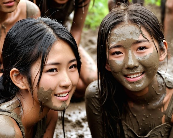 Young girls smiling in mud during outdoor activity