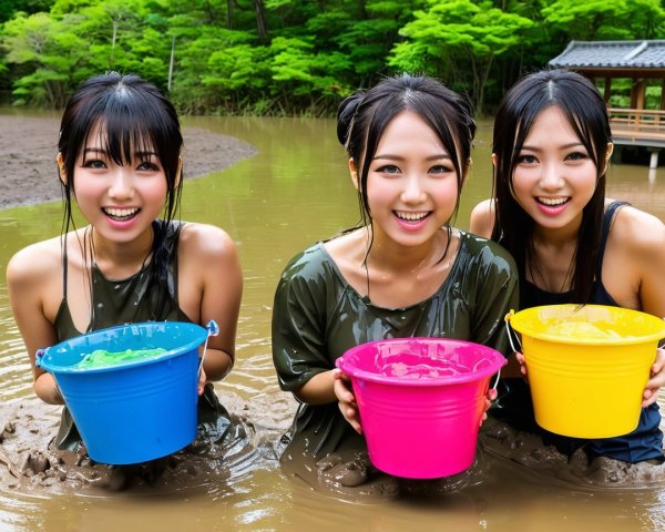 Young Women in Colorful Buckets by Lush Greenery