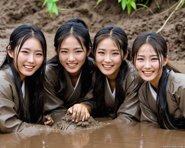 Young women playing in muddy water with greenery backdrop