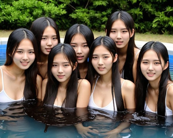 Group of Young Women in White Swimsuits at Pool