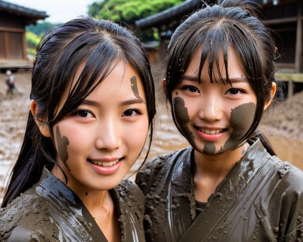 Young women in mud-covered clothing at rustic setting
