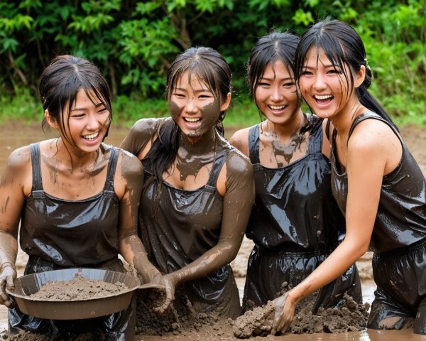 Young women playing joyfully in a muddy setting