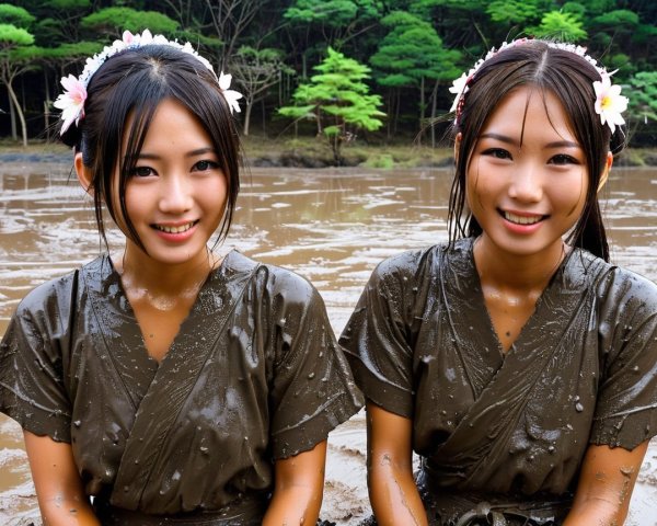 Young Women in Traditional Attire in Nature Setting