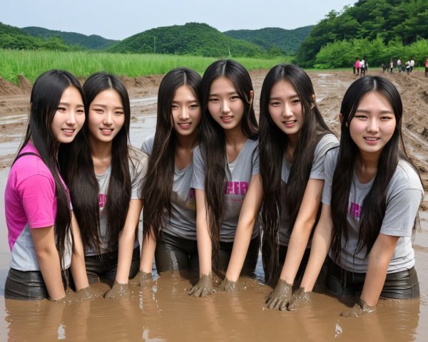 Group of Young Women in Muddy Field with T-Shirts