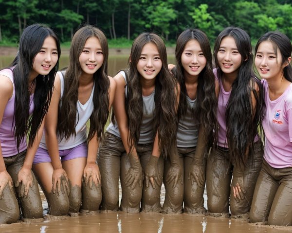 Group of Young Women Posing in Muddy Environment