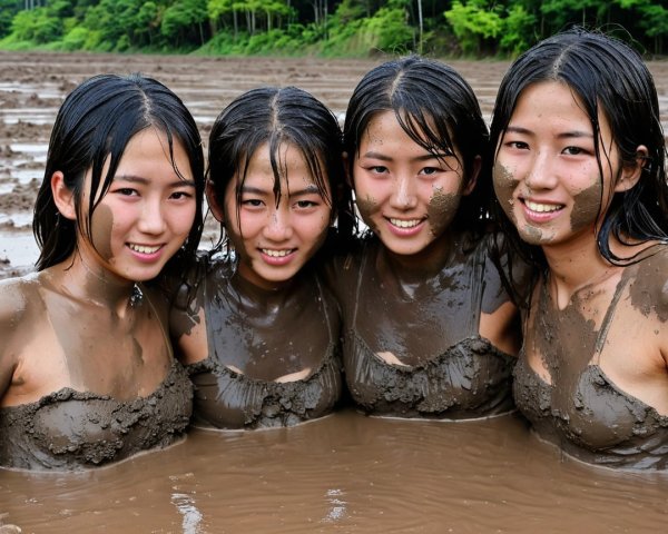 Young women playfully posing in muddy field setting